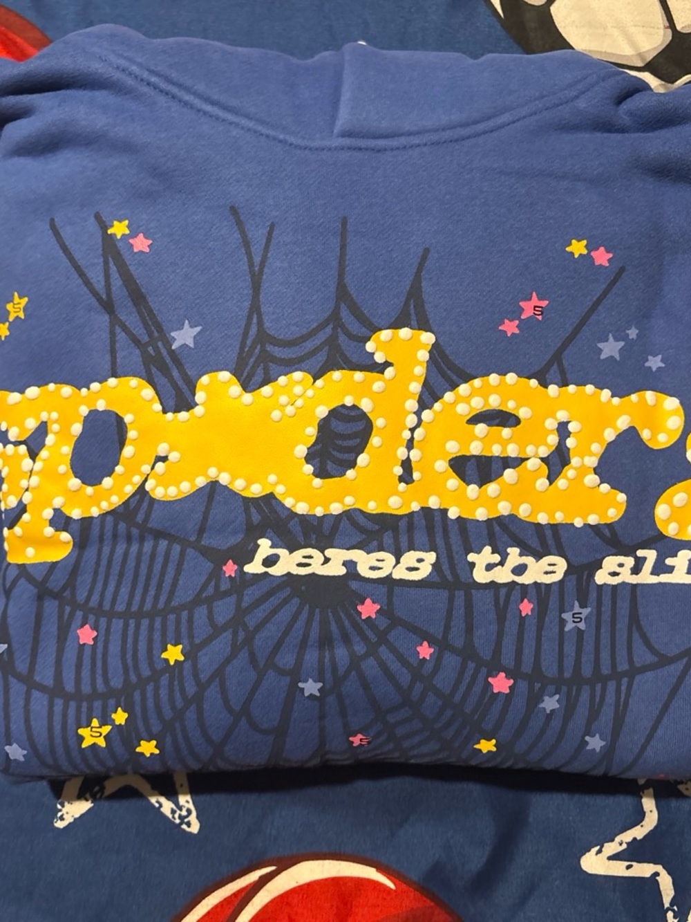 Blue and yellow sp5der hoddie